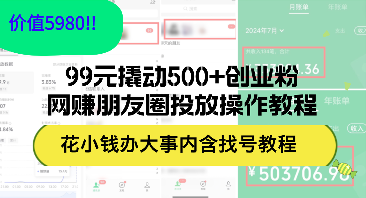 （12431期）99元撬动500+创业粉，网赚朋友圈投放操作教程价值5980！花小钱办大事内…-世康聊项目