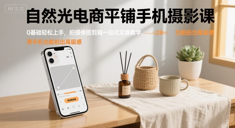 自然光电商平铺手机摄影课，0基础轻松上手，拍摄修图剪辑一站式实操教学，用手机也能拍出高级感-世康聊项目