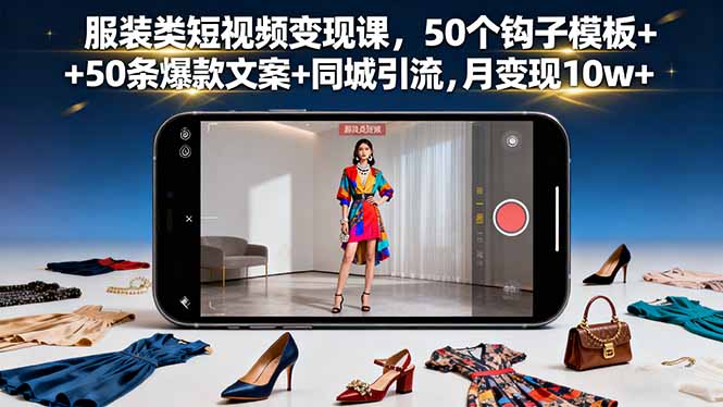 服装类短视频变现课，50个钩子模板+50条爆款文案+同城引流，月变现10w+-世康聊项目