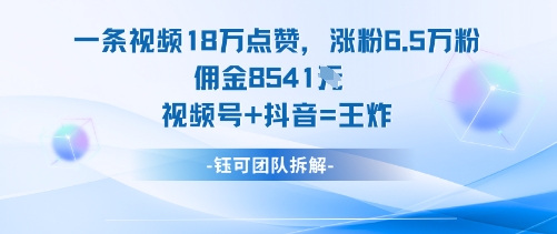 一条视频18W点赞，涨粉6.5W粉佣金8541米，视频号+抖音=王炸-世康聊项目