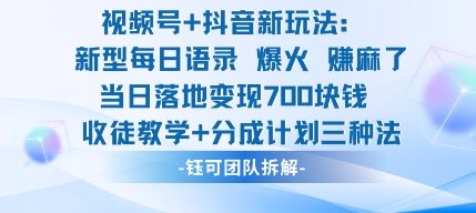 视频号加抖音新玩法：爆火新型每日语录，收徒教学加分成计划，三种变现玩法，当日变现7张-世康聊项目