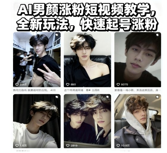 AI男颜涨粉短视频教学，全新玩法，快速起号涨粉-世康聊项目