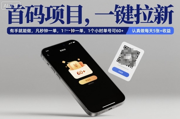 首码项目，一键拉新，有手就能做，几秒钟一单，1个小时单号可60+，认真做每天5张+收益【揭秘】-世康聊项目