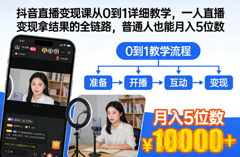 抖音直播变现课从0到1详细教学，一人直播变现拿结果的全链路，普通人也能月入5位数-世康聊项目