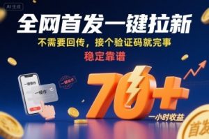 全网首发一键拉新项目，不需要回传，接个验证码就完事，稳定靠谱，一小时收益70+【揭秘】-世康聊项目