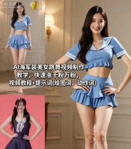 AI海军装美女跳舞视频制作教学，快速涨千粉万粉，视频教程+提示词(绘图词、动作词)-世康聊项目