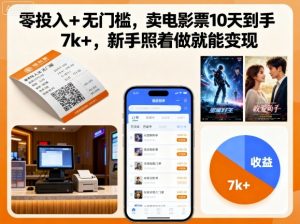 零投入+无门槛，卖电影票10天到手7k+，新手照着做就能变现【揭秘】-世康聊项目