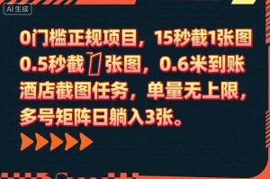0门槛正规项目，15秒截1张图，0.6米到账，酒店截图任务，单量无上限，多号矩阵日躺入3张【揭秘】-世康聊项目