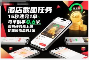 酒店截图任务,15秒速完1单,每单到手0.6米,每日任务无上限,全网首发玩法,矩阵操作单日3张【揭秘】-世康聊项目