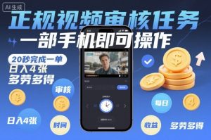正规视频审核任务,一部手机即可操作,20秒完成一单,日入4张,多劳多得【揭秘】-世康聊项目