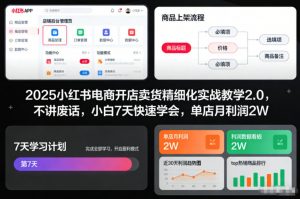 2025小红书电商开店卖货精细化实战教学2.0，不讲废话，小白7天快速学会，单店月利润2W-世康聊项目