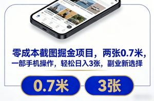 零成本截图掘金项目，两张0.7米，一部手机操作，轻松日入3张，副业新选择【揭秘】-世康聊项目