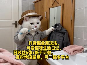 抖音掘金新玩法，可爱猫咪生活日记，日收益4张+新手可做，涨粉快流量稳，可一稿多平台-世康聊项目