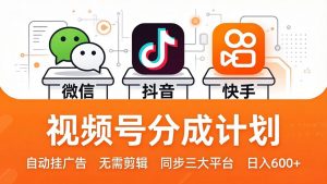 视频号分成计划:发视频自动挂广告,无需剪辑同步三大平台,单号轻松日入600+-世康聊项目